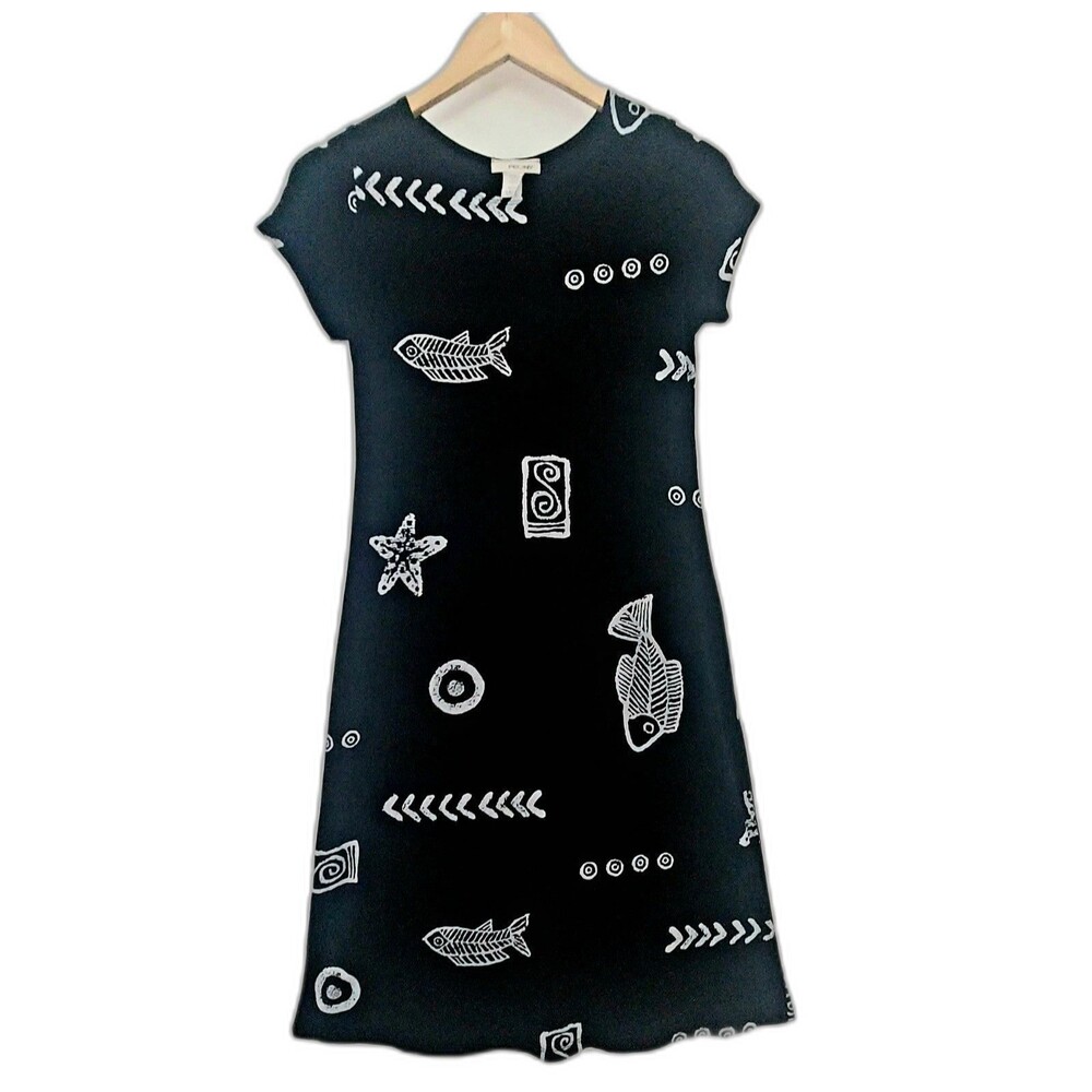 PEONY Nautical Fish Theme Black Dress Size Small Stretch Slinky